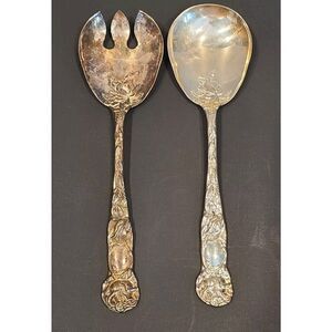 WA Italy Silverplate Salad Serving Spoon & Fork Set Floral Bridal Pattern 9.5"